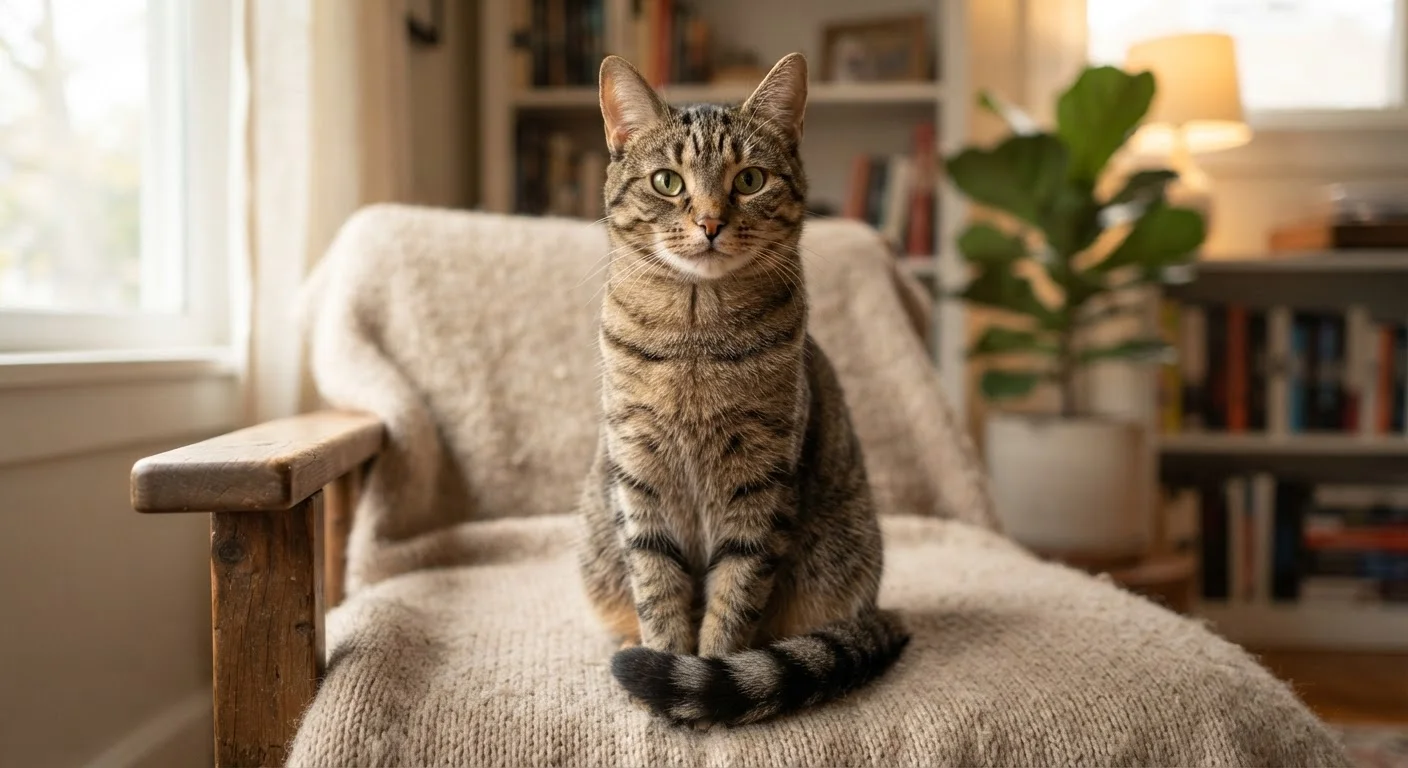 A calm tabby cat sitting with tail curled, ears alert, in a warm indoor environment