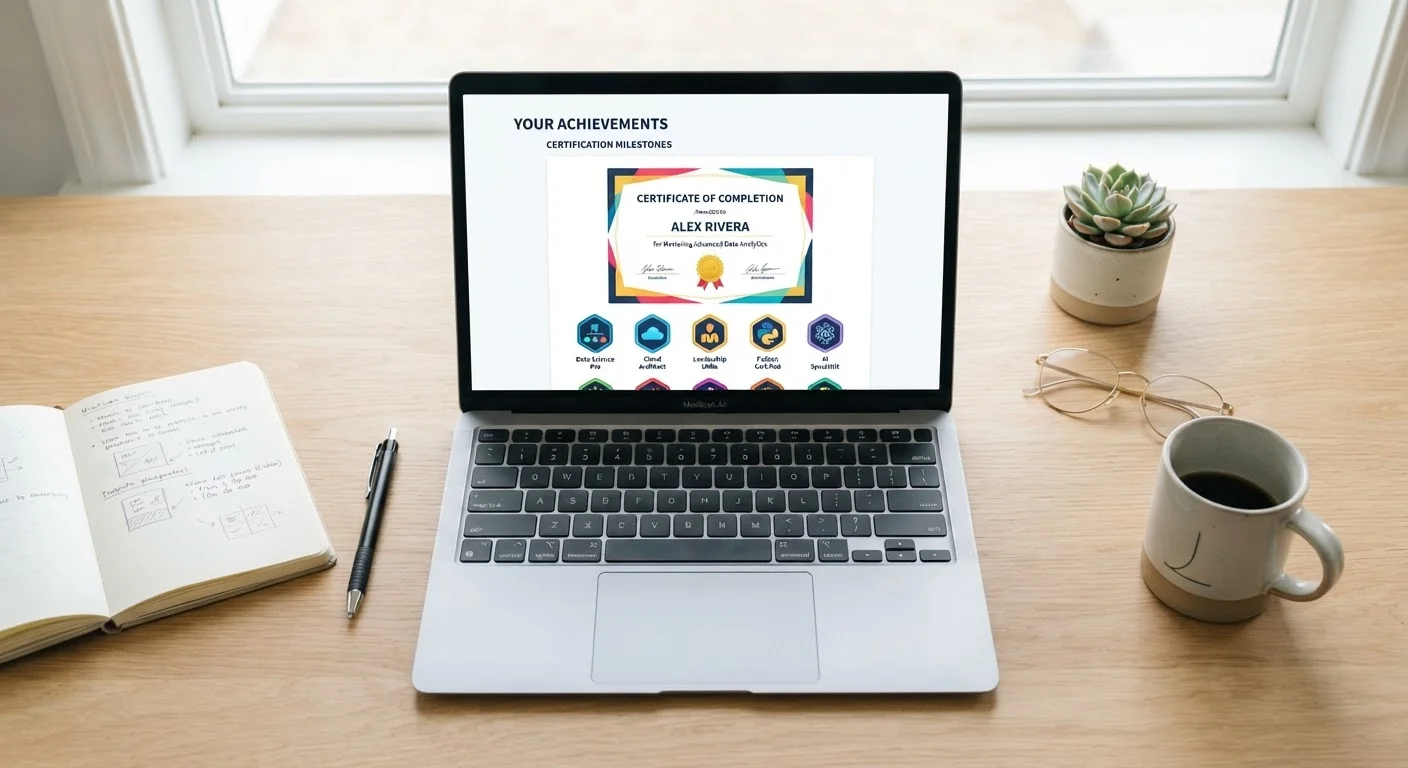 Laptop displaying digital badges and certificate icons on a clean wooden desk