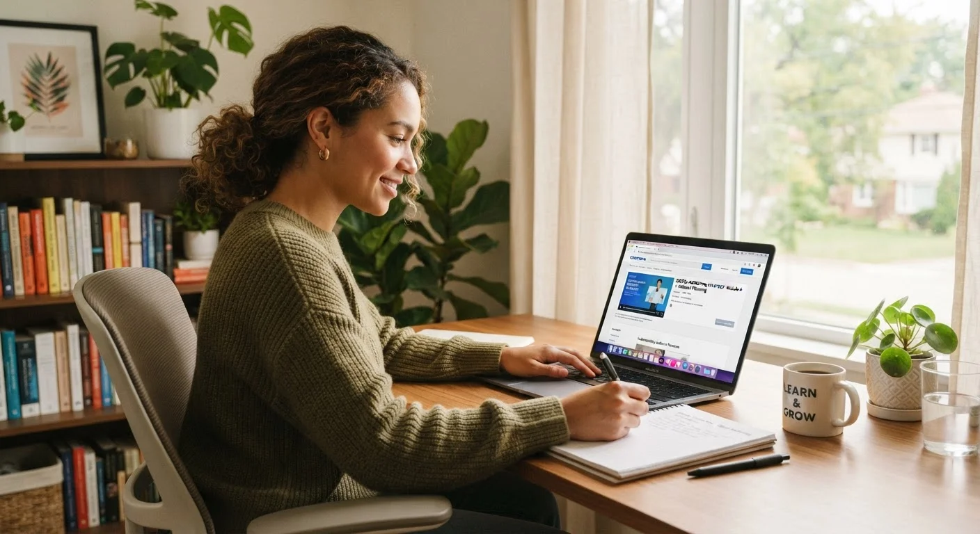 First-time online learner at a tidy desk with laptop open to a digital course platform