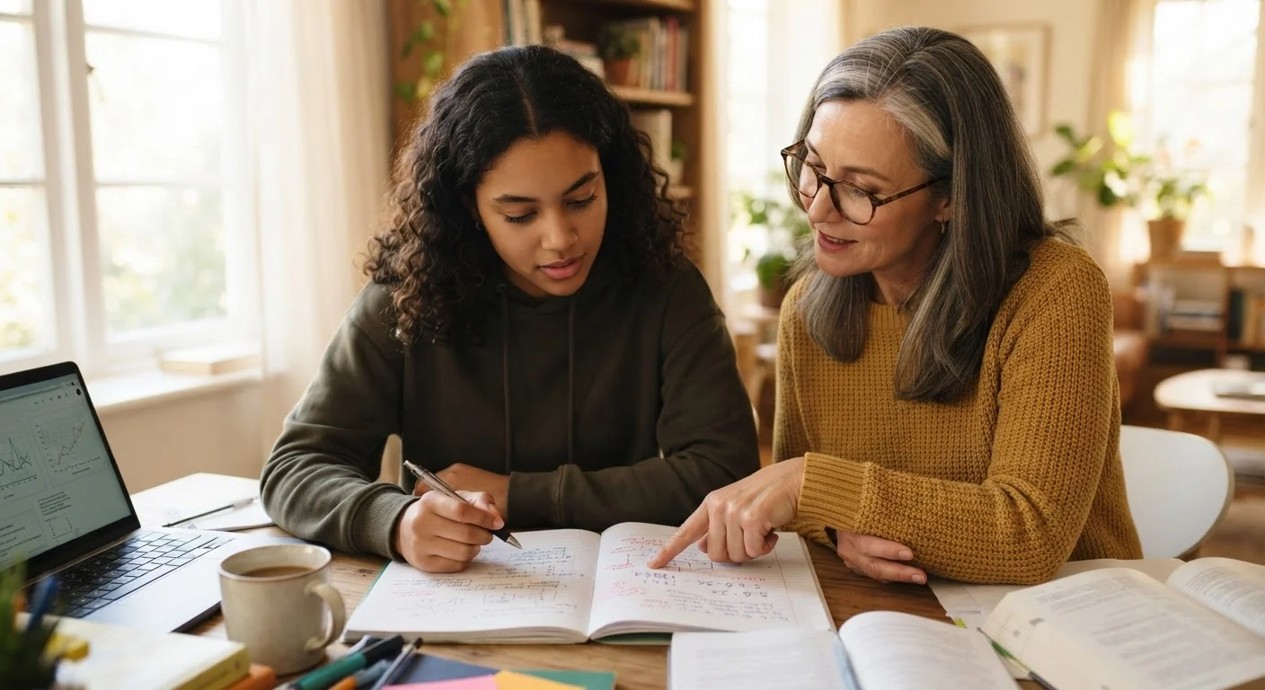 A learner and mentor reviewing written work together at a well-lit desk