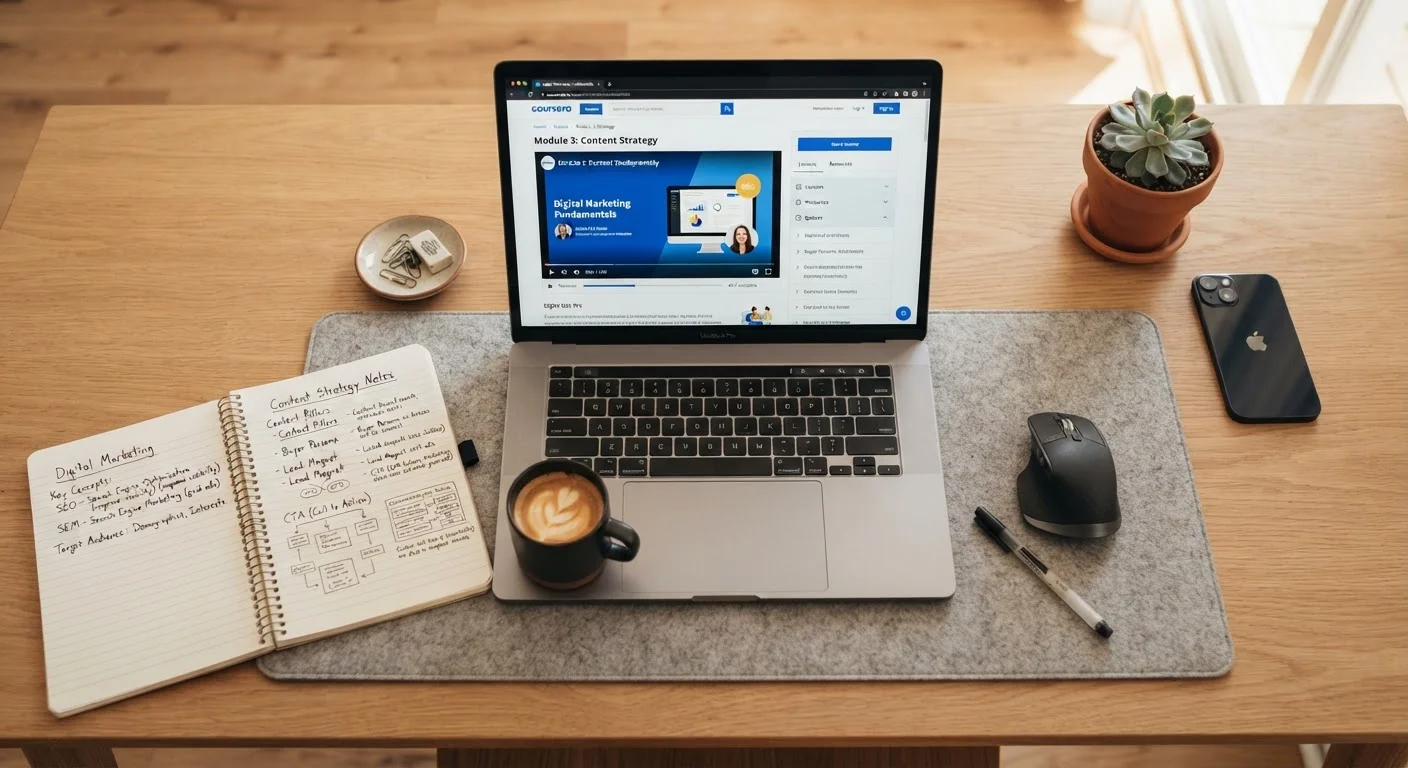 Laptop displaying an online course interface next to notebooks with written definitions and terms.