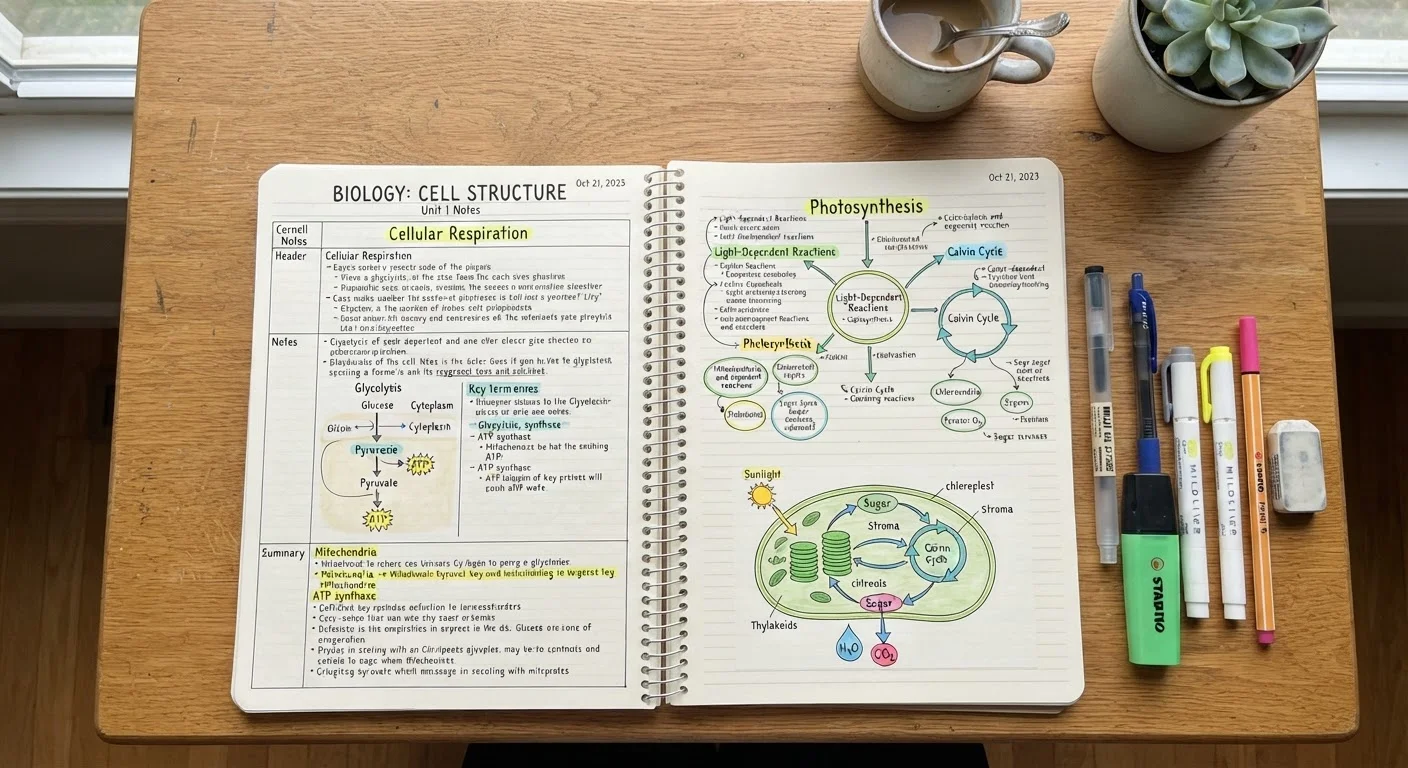 Open notebook displaying multiple note-taking formats including Cornell and mind map layouts alongside colorful pens