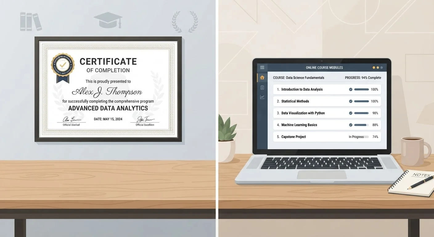 A split comparison between an accredited online degree diploma and an open online course interface on a laptop screen