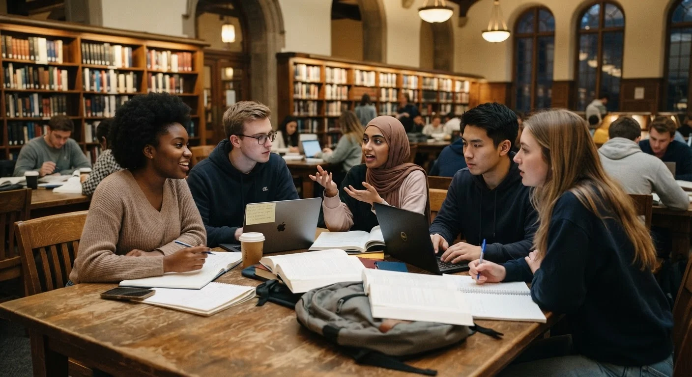 A diverse group of students collaborating around a library table with books and laptops