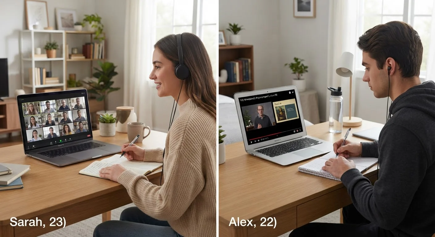 Split screen showing a live video class on the left and a person watching a recorded lesson on the right